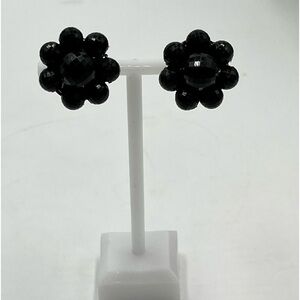 Vintage Black Glass Floral Silver Tone Clip On Earrings signed Germany on back‎